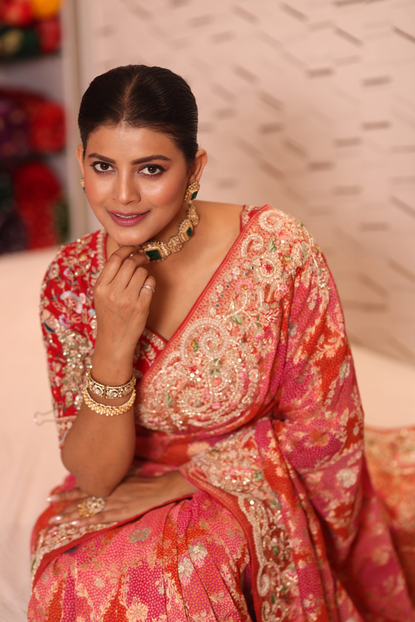Cherry Red & Rani Pink Pure Silk Bandhani Saree with Ornate Hand-Embroidered Zardosi & Gota Patti Border - Image 2