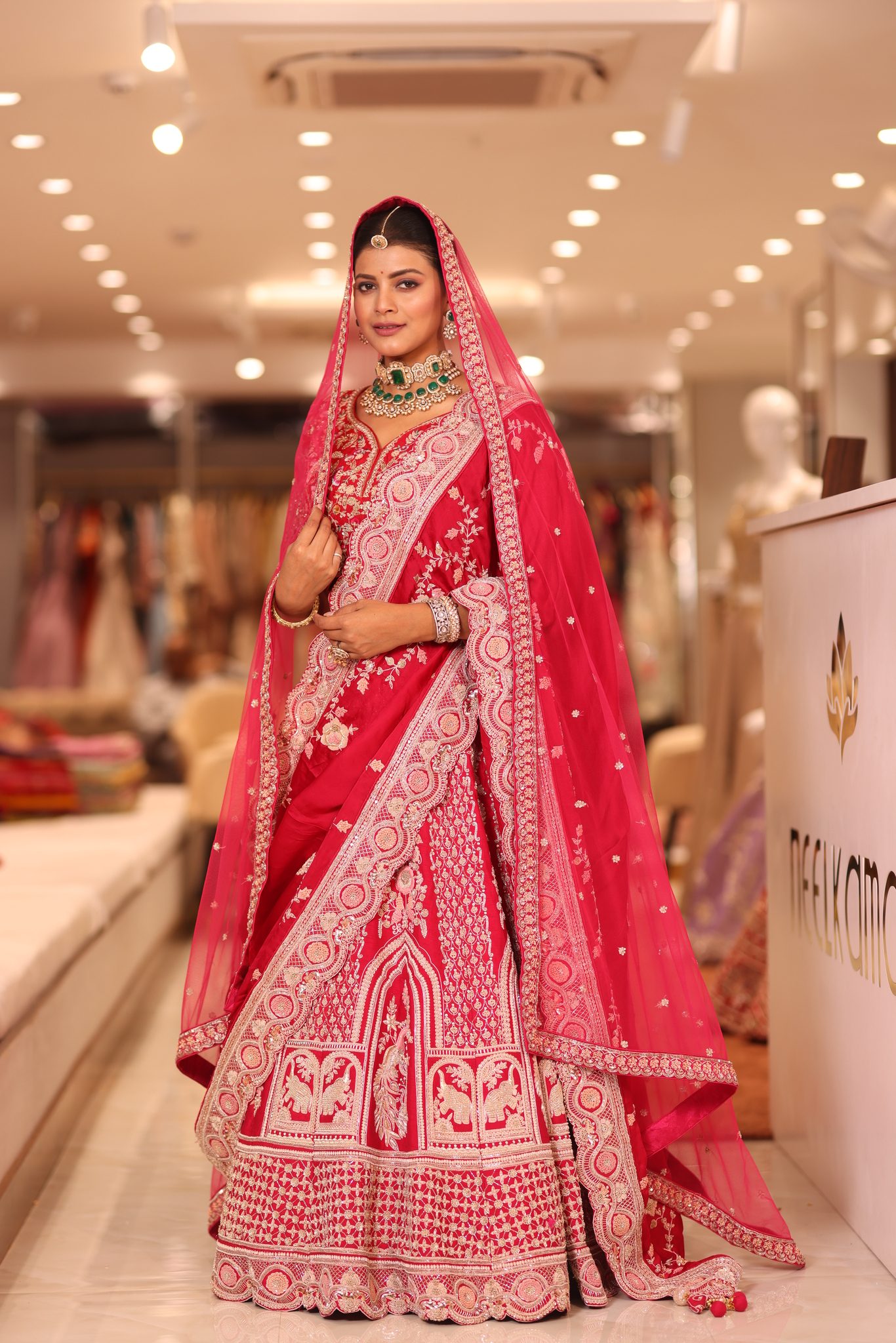 Royal Raspberry Pink Silk Bridal Lehenga Saree with Intricate Peacock Zardosi Border & Tulle Veil - Image 6