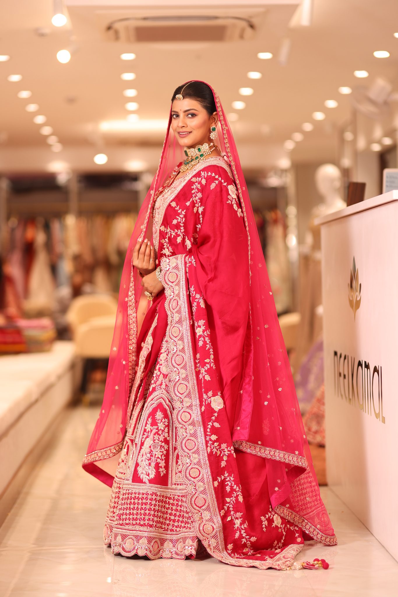 Royal Raspberry Pink Silk Bridal Lehenga Saree with Intricate Peacock Zardosi Border & Tulle Veil - Image 5