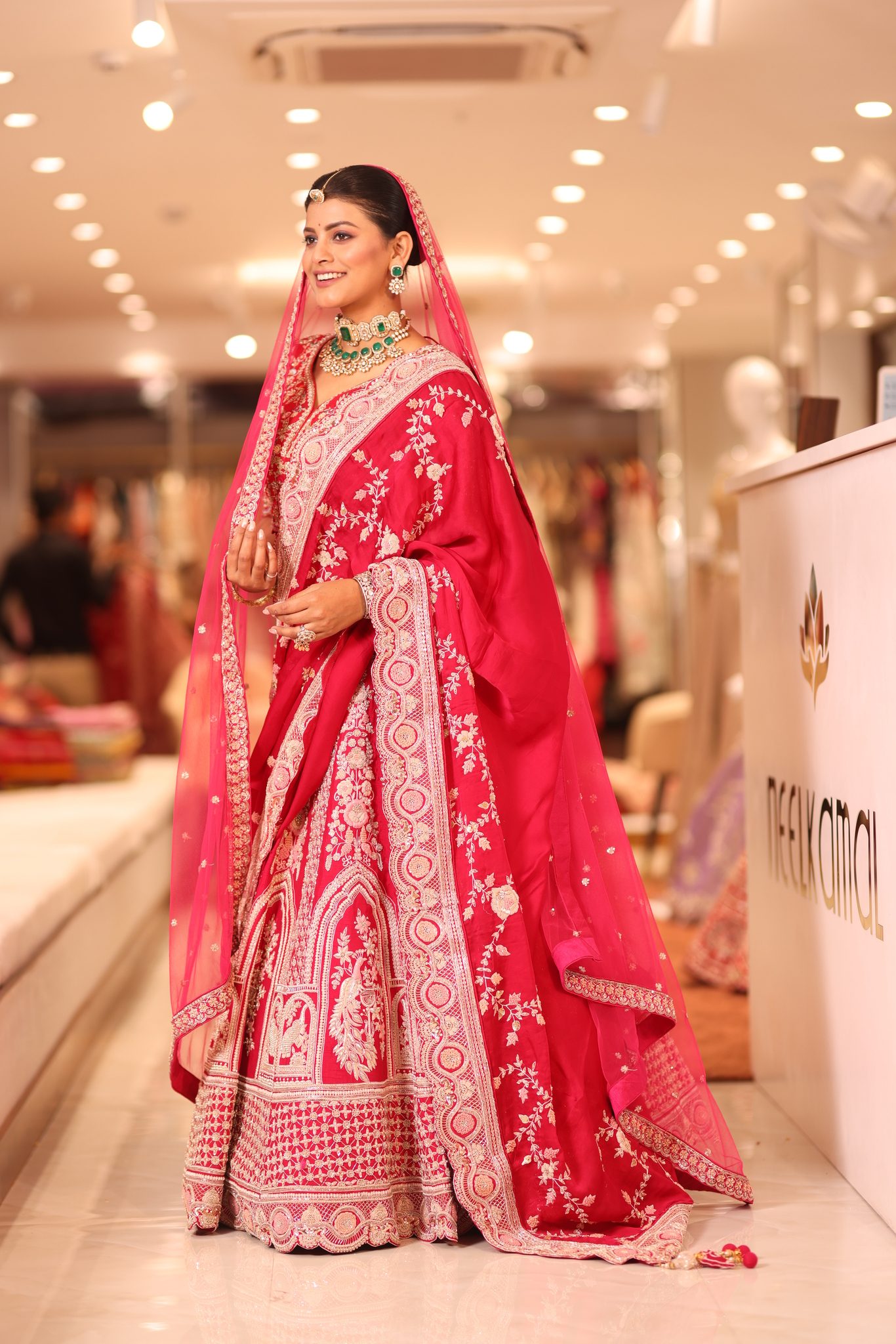 Royal Raspberry Pink Silk Bridal Lehenga Saree with Intricate Peacock Zardosi Border & Tulle Veil - Image 4