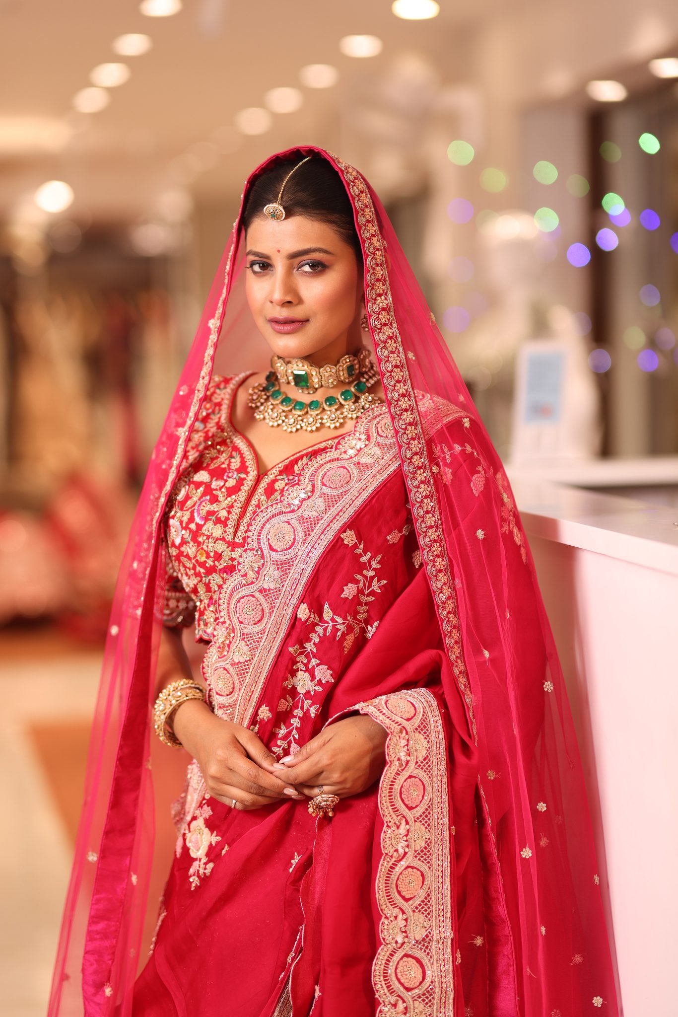Royal Raspberry Pink Silk Bridal Lehenga Saree with Intricate Peacock Zardosi Border & Tulle Veil - Image 3