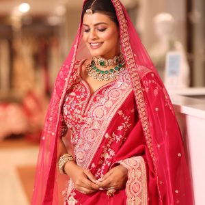 Royal Raspberry Pink Silk Bridal Lehenga Saree with Intricate Peacock Zardosi Border & Tulle Veil