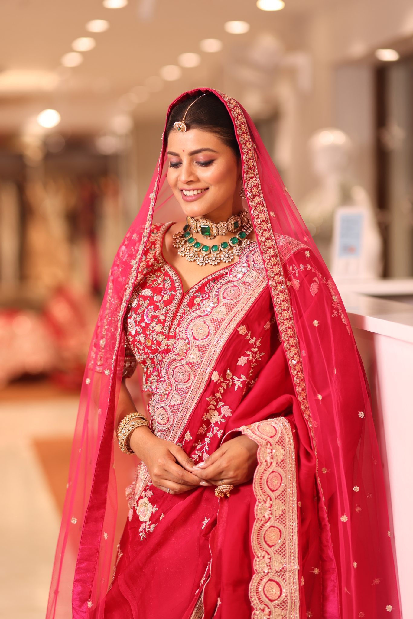 Royal Raspberry Pink Silk Bridal Lehenga Saree with Intricate Peacock Zardosi Border & Tulle Veil