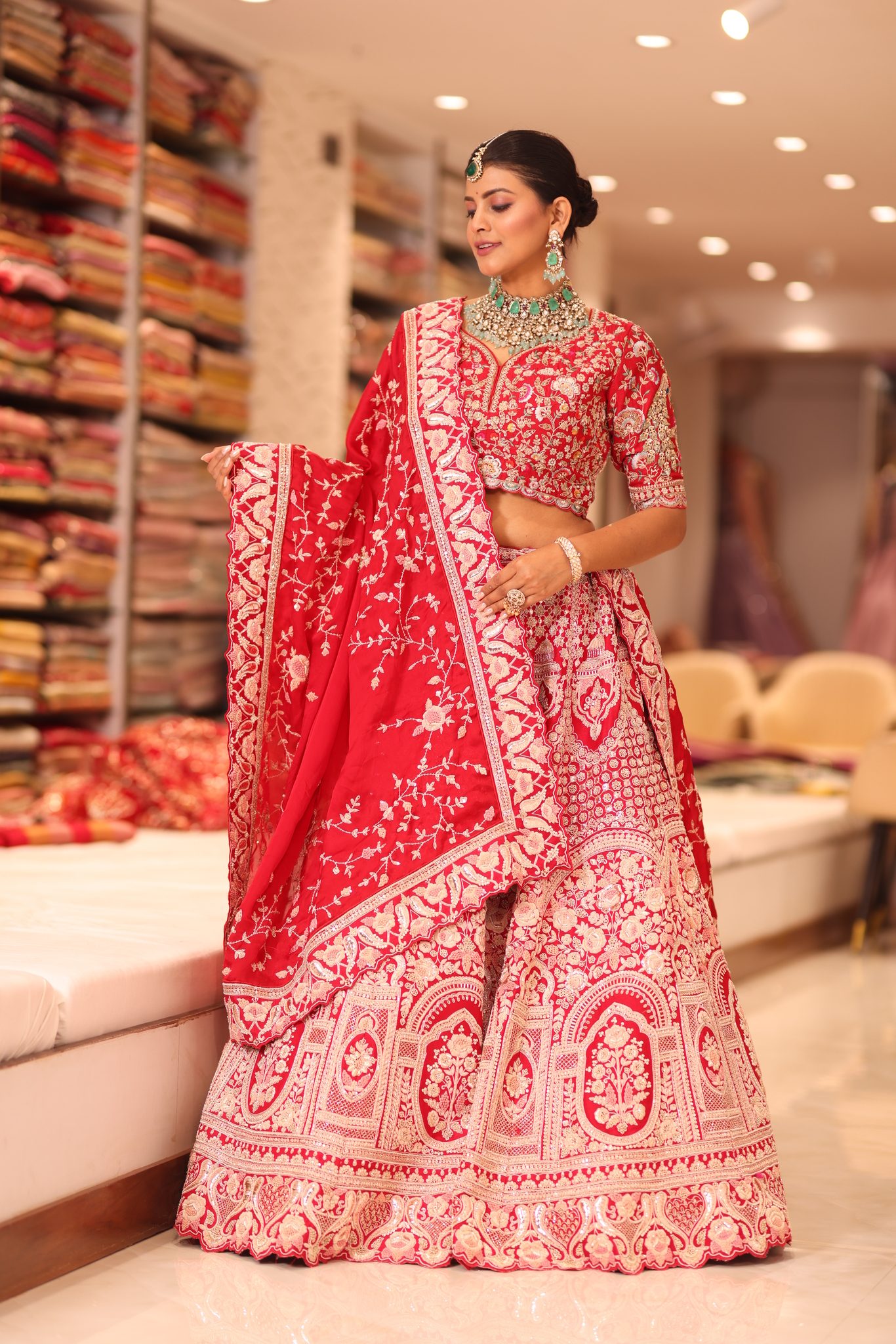 Vermilion Red Heritage Silk Bridal Lehenga with Ornate Palace Archways and Hand-Embroidered Floral Zardosi - Image 4
