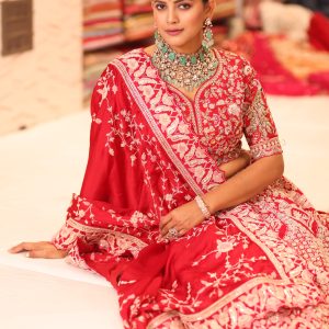 Vermilion Red Heritage Silk Bridal Lehenga with Ornate Palace Archways and Hand-Embroidered Floral Zardosi