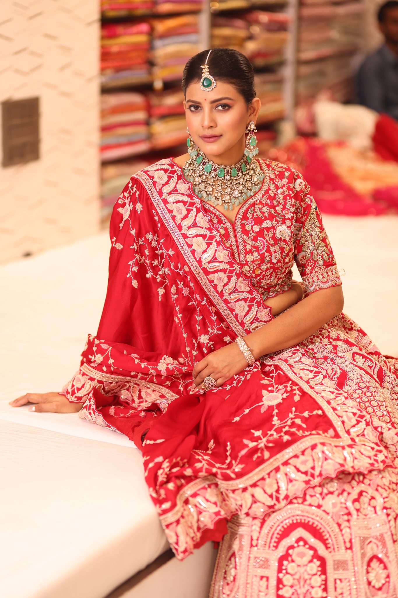 Vermilion Red Heritage Silk Bridal Lehenga with Ornate Palace Archways and Hand-Embroidered Floral Zardosi