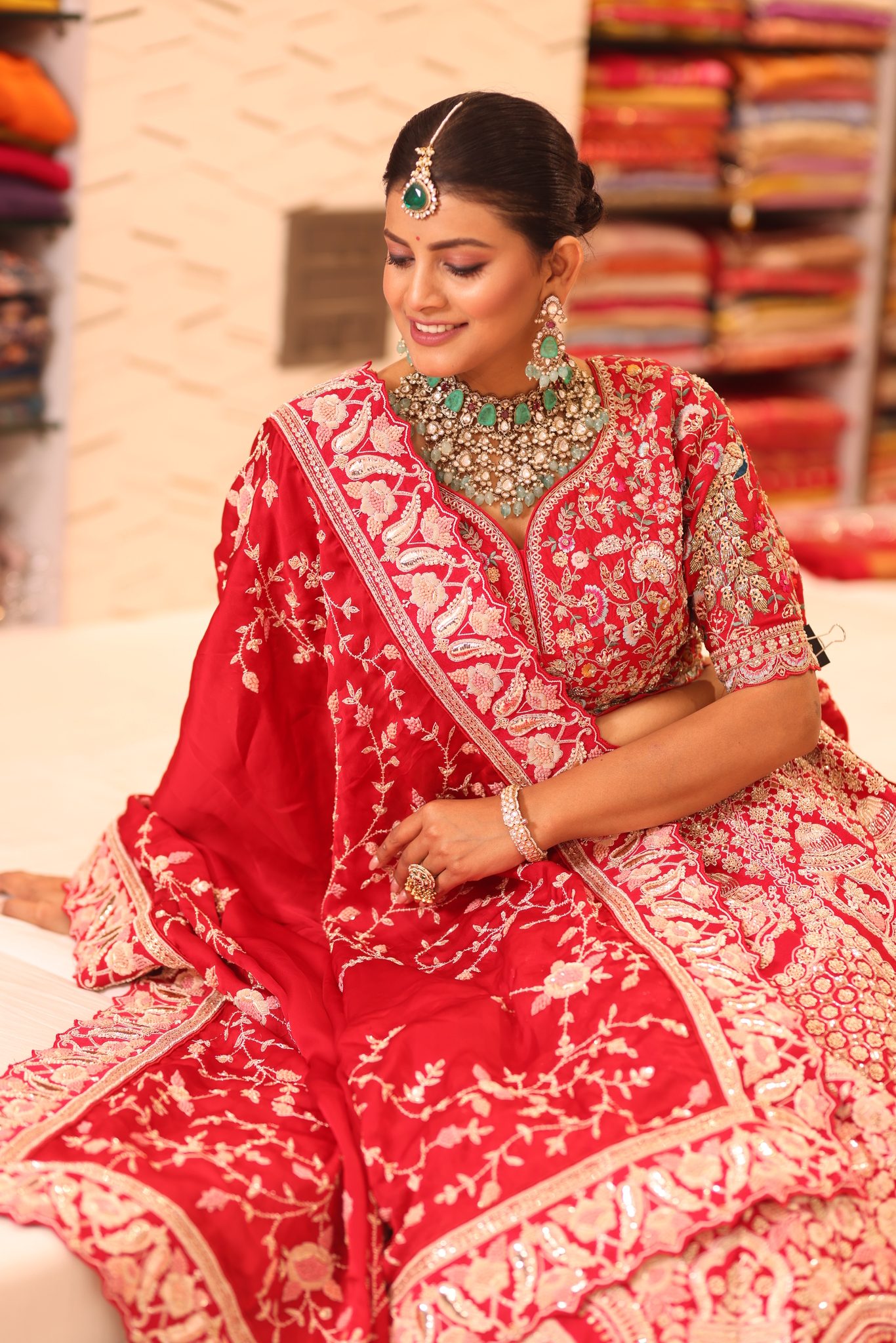 Vermilion Red Heritage Silk Bridal Lehenga with Ornate Palace Archways and Hand-Embroidered Floral Zardosi - Image 2