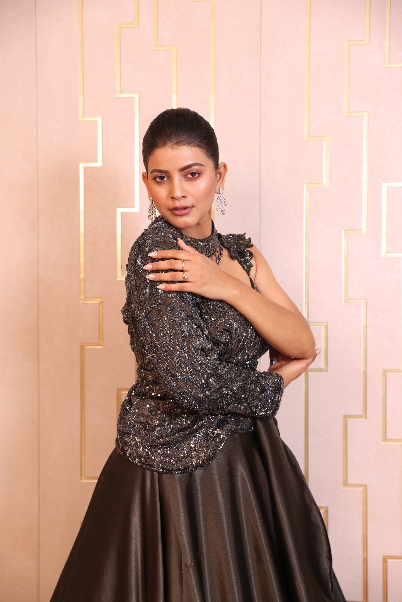 Charcoal Glamour Asymmetrical Indo-Western Lehenga Gown with Hand-Embellished Single-Sleeve Blouse - Image 6