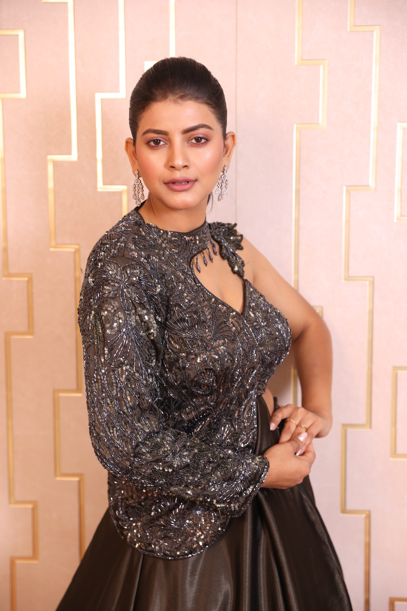 Charcoal Glamour Asymmetrical Indo-Western Lehenga Gown with Hand-Embellished Single-Sleeve Blouse - Image 5